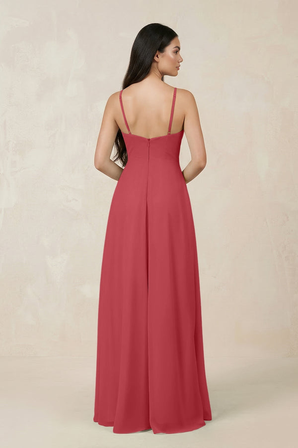 Halter Chiffon A - Line Bridesmaid Dress With Slit in Merlot - KissProm Bridesmaid Dresses