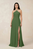 Halter Chiffon A - Line Bridesmaid Dress With Slit in Moss - KissProm Bridesmaid Dresses
