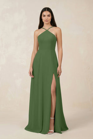 Halter Chiffon A - Line Bridesmaid Dress With Slit in Moss - KissProm Bridesmaid Dresses