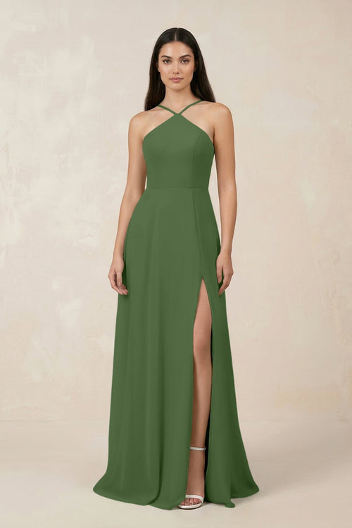 Halter Chiffon A - Line Bridesmaid Dress With Slit in Moss - KissProm Bridesmaid Dresses