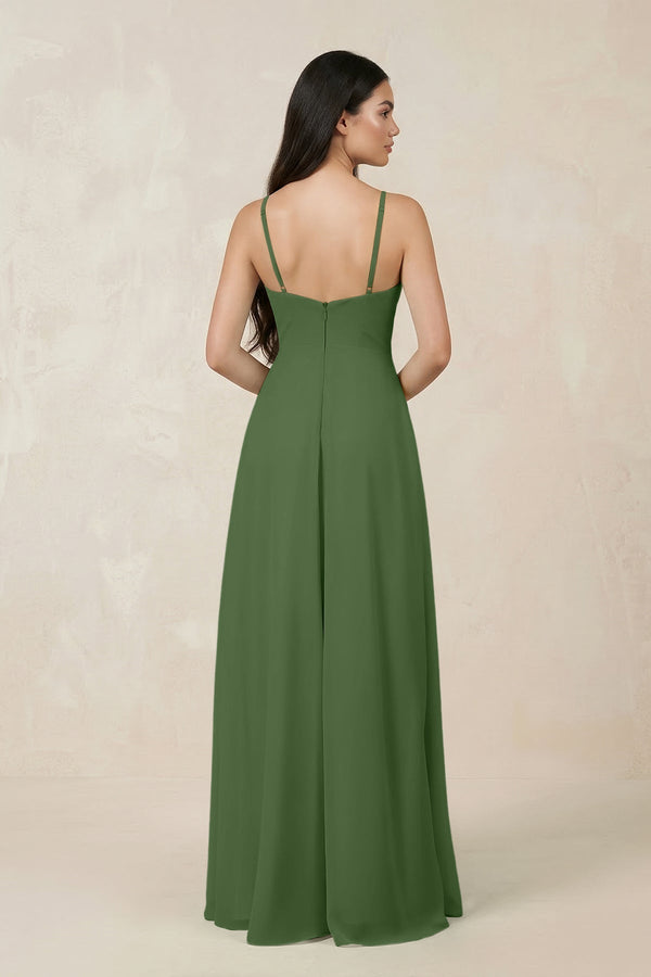 Halter Chiffon A - Line Bridesmaid Dress With Slit in Moss - KissProm Bridesmaid Dresses