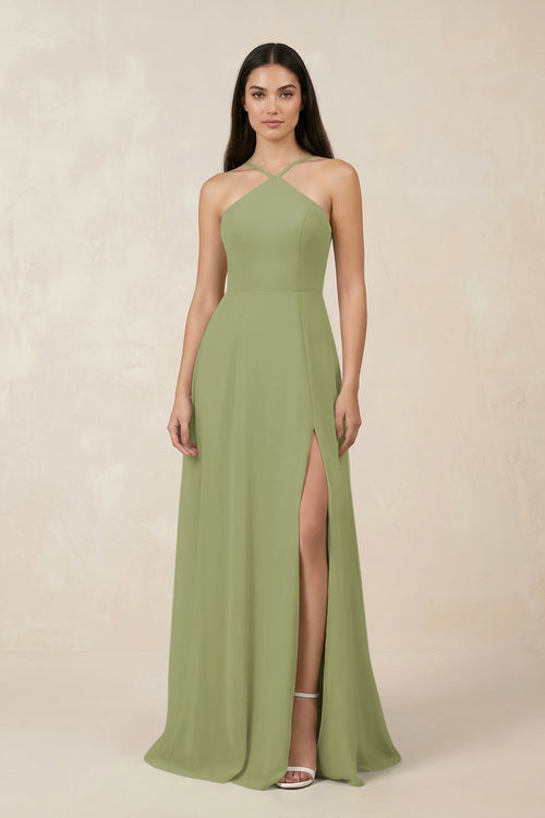 Halter Chiffon A - Line Bridesmaid Dress With Slit in Moss Green - KissProm Bridesmaid Dresses