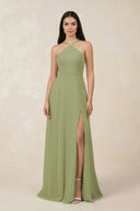 Halter Chiffon A - Line Bridesmaid Dress With Slit in Moss Green - KissProm Bridesmaid Dresses