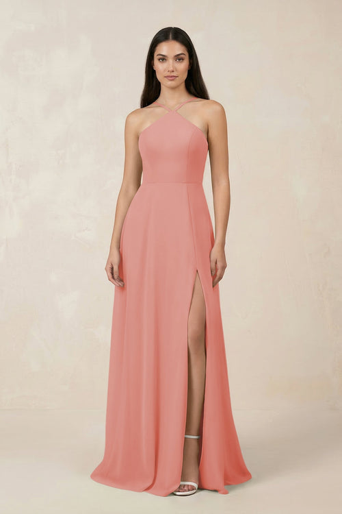 Halter Chiffon A - Line Bridesmaid Dress With Slit in Mulberry - KissProm Bridesmaid Dresses