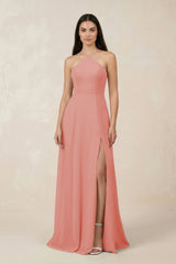 Halter Chiffon A - Line Bridesmaid Dress With Slit in Mulberry - KissProm Bridesmaid Dresses