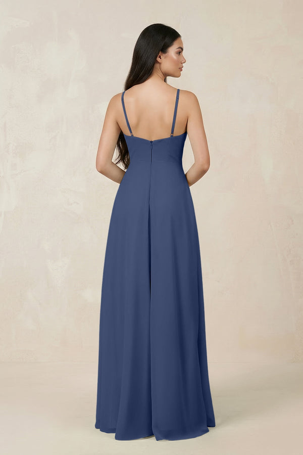 Halter Chiffon A - Line Bridesmaid Dress With Slit in Navy - KissProm Bridesmaid Dresses