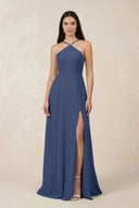 Halter Chiffon A - Line Bridesmaid Dress With Slit in Navy - KissProm Bridesmaid Dresses