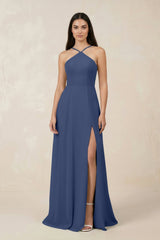 Halter Chiffon A - Line Bridesmaid Dress With Slit in Navy - KissProm Bridesmaid Dresses