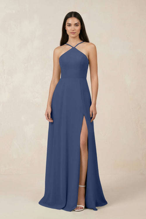 Halter Chiffon A - Line Bridesmaid Dress With Slit in Navy - KissProm Bridesmaid Dresses