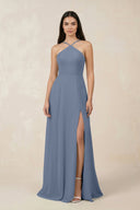 Halter Chiffon A - Line Bridesmaid Dress With Slit in Neptune - KissProm Bridesmaid Dresses