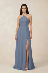 Halter Chiffon A - Line Bridesmaid Dress With Slit in Neptune - KissProm Bridesmaid Dresses