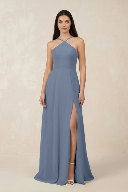 Halter Chiffon A - Line Bridesmaid Dress With Slit in Neptune - KissProm Bridesmaid Dresses