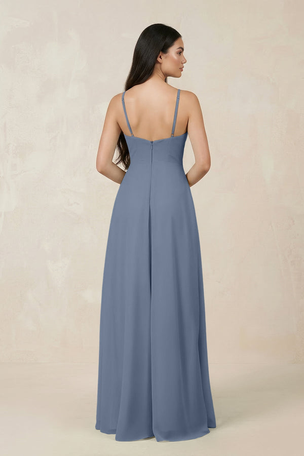 Halter Chiffon A - Line Bridesmaid Dress With Slit in Neptune - KissProm Bridesmaid Dresses