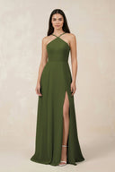 Halter Chiffon A - Line Bridesmaid Dress With Slit in Olive - KissProm Bridesmaid Dresses