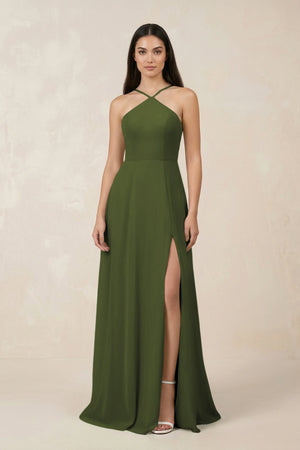 Halter Chiffon A - Line Bridesmaid Dress With Slit in Olive - KissProm Bridesmaid Dresses