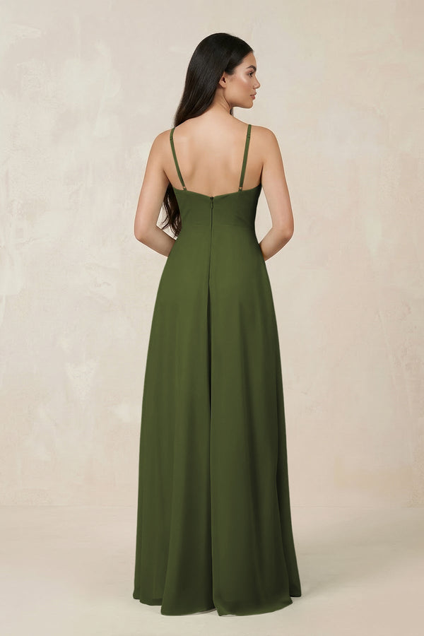 Halter Chiffon A - Line Bridesmaid Dress With Slit in Olive - KissProm Bridesmaid Dresses