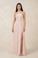 Halter Chiffon A - Line Bridesmaid Dress With Slit in Pale Blush - KissProm Bridesmaid Dresses