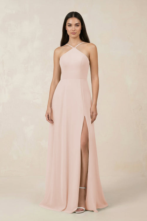 Halter Chiffon A - Line Bridesmaid Dress With Slit in Pale Blush - KissProm Bridesmaid Dresses