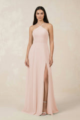 Halter Chiffon A - Line Bridesmaid Dress With Slit in Pale Blush - KissProm Bridesmaid Dresses