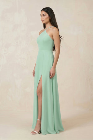 Halter Chiffon A-Line Bridesmaid Dress With Slit in Pale Pistachio - KissProm BRIDESMAID DRESSES