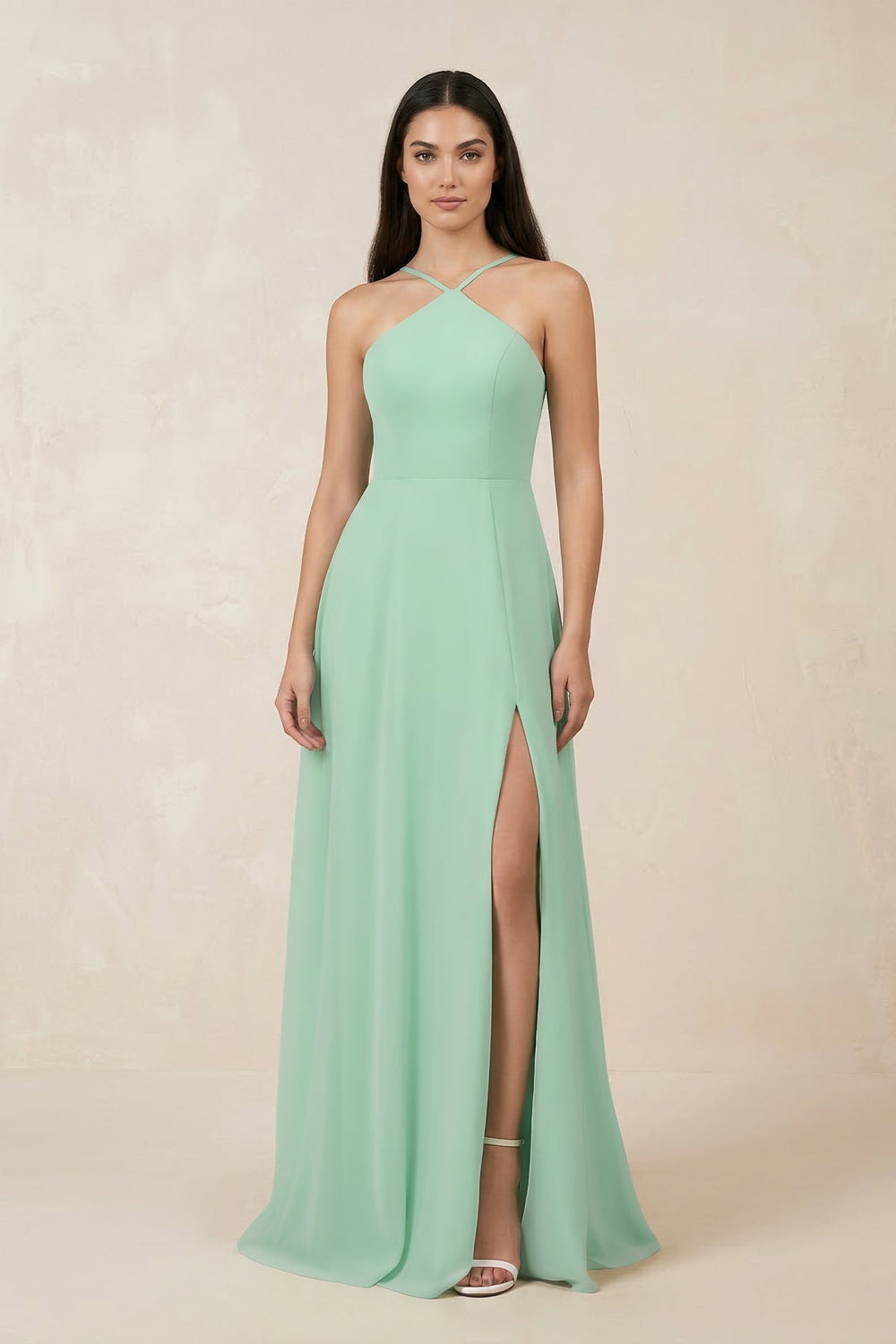 Halter Chiffon A-Line Bridesmaid Dress With Slit in Pale Pistachio - KissProm BRIDESMAID DRESSES