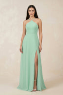 Halter Chiffon A-Line Bridesmaid Dress With Slit in Pale Pistachio - KissProm BRIDESMAID DRESSES