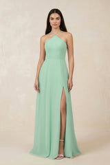 Halter Chiffon A-Line Bridesmaid Dress With Slit in Pale Pistachio - KissProm BRIDESMAID DRESSES