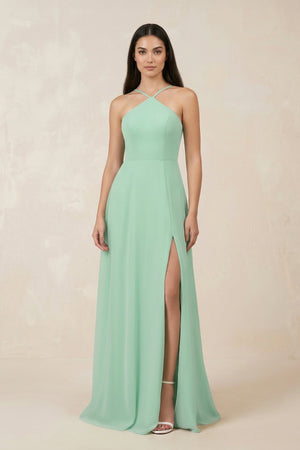 Halter Chiffon A-Line Bridesmaid Dress With Slit in Pale Pistachio - KissProm BRIDESMAID DRESSES