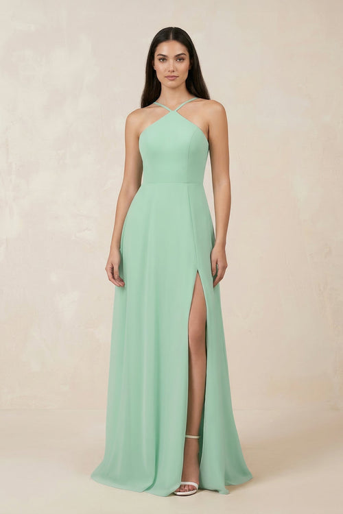 Halter Chiffon A-Line Bridesmaid Dress With Slit in Pale Pistachio - KissProm BRIDESMAID DRESSES