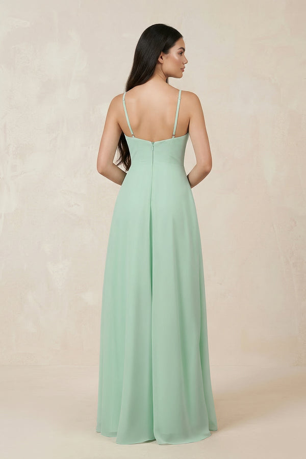 Halter Chiffon A-Line Bridesmaid Dress With Slit in Pale Pistachio - KissProm BRIDESMAID DRESSES
