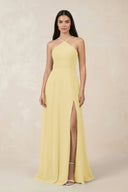 Halter Chiffon A - Line Bridesmaid Dress With Slit in Pastel Yellow - KissProm Bridesmaid Dresses