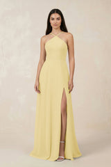 Halter Chiffon A - Line Bridesmaid Dress With Slit in Pastel Yellow - KissProm Bridesmaid Dresses