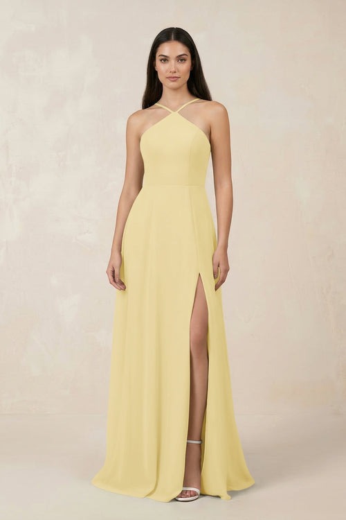 Halter Chiffon A - Line Bridesmaid Dress With Slit in Pastel Yellow - KissProm Bridesmaid Dresses