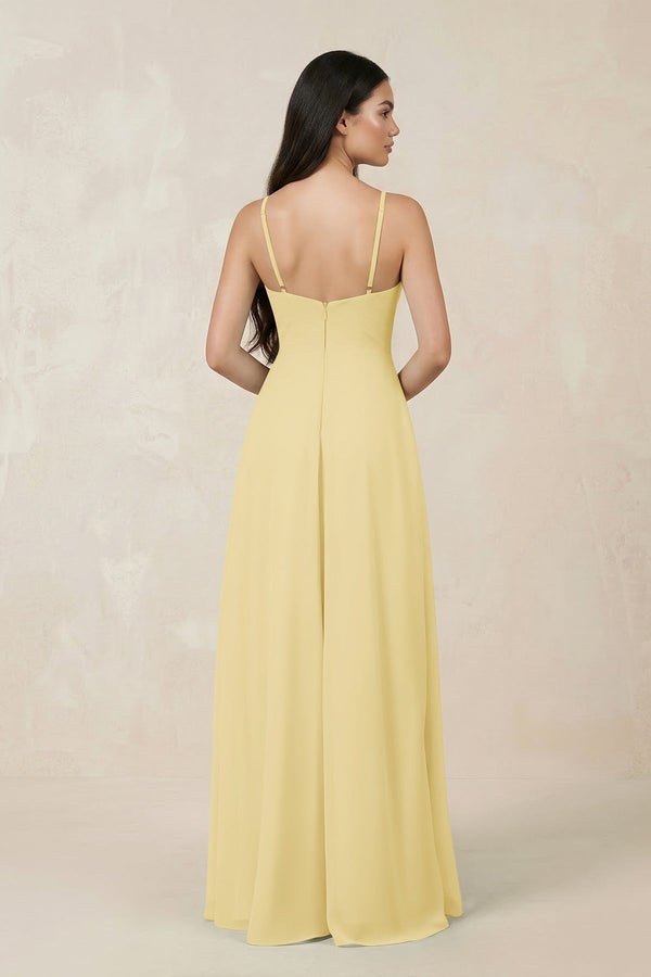 Halter Chiffon A - Line Bridesmaid Dress With Slit in Pastel Yellow - KissProm Bridesmaid Dresses