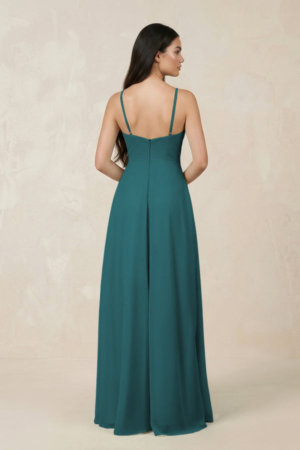 Halter Chiffon A - Line Bridesmaid Dress With Slit in Pine - KissProm Bridesmaid Dresses
