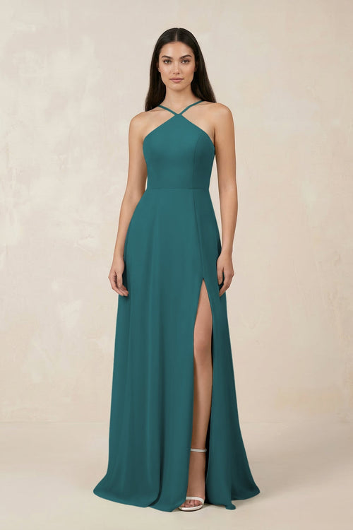 Halter Chiffon A - Line Bridesmaid Dress With Slit in Pine - KissProm Bridesmaid Dresses