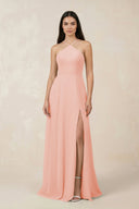 Halter Chiffon A - Line Bridesmaid Dress With Slit in Rose Petal - KissProm Bridesmaid Dresses