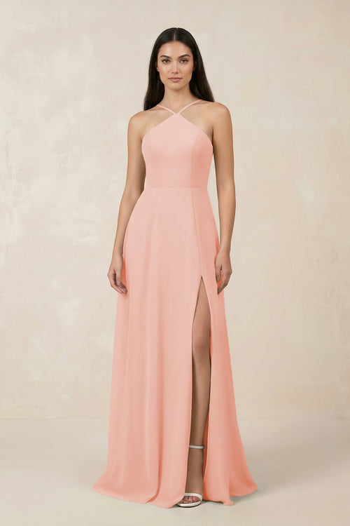 Halter Chiffon A - Line Bridesmaid Dress With Slit in Rose Petal - KissProm Bridesmaid Dresses