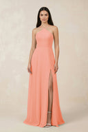 Halter Chiffon A - Line Bridesmaid Dress With Slit in Rosette - KissProm Bridesmaid Dresses