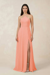 Halter Chiffon A - Line Bridesmaid Dress With Slit in Rosette - KissProm Bridesmaid Dresses