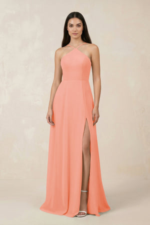 Halter Chiffon A - Line Bridesmaid Dress With Slit in Rosette - KissProm Bridesmaid Dresses