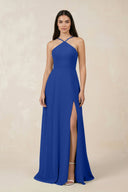 Halter Chiffon A - Line Bridesmaid Dress With Slit in Royal Blue - KissProm Bridesmaid Dresses