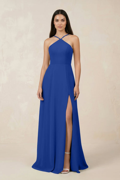 Halter Chiffon A - Line Bridesmaid Dress With Slit in Royal Blue - KissProm Bridesmaid Dresses