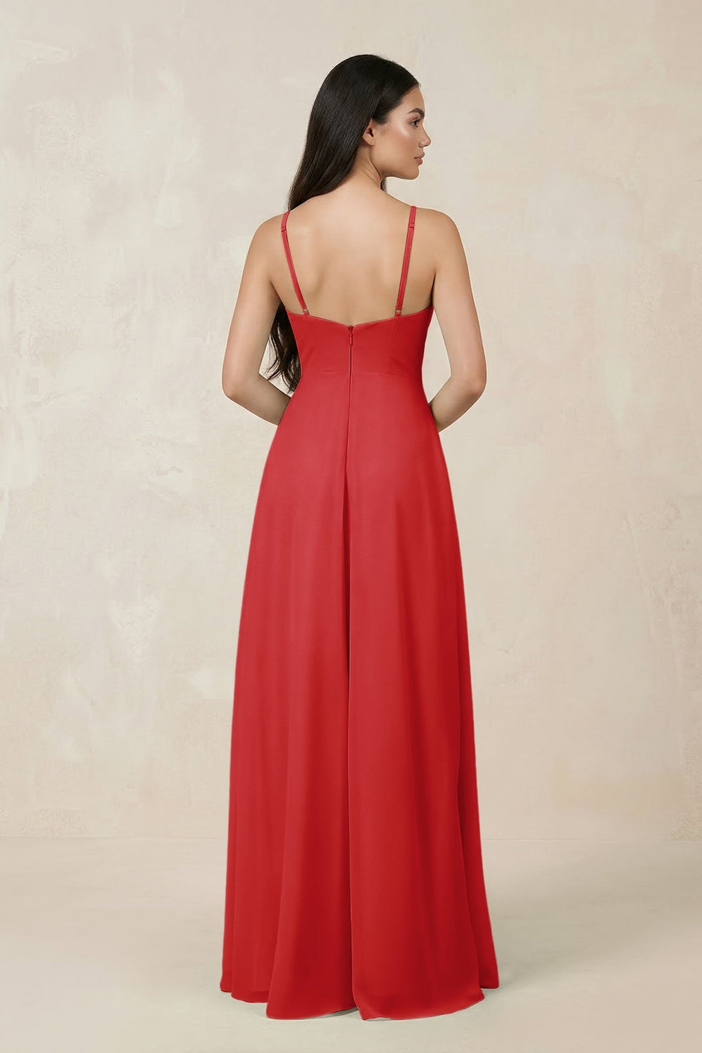 Halter Chiffon A - Line Bridesmaid Dress With Slit in Ruby Red - KissProm Bridesmaid Dresses