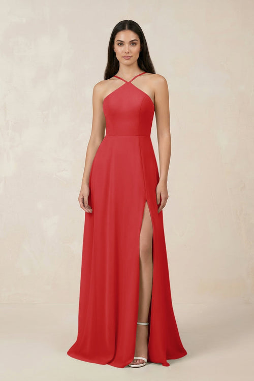 Halter Chiffon A - Line Bridesmaid Dress With Slit in Ruby Red - KissProm Bridesmaid Dresses