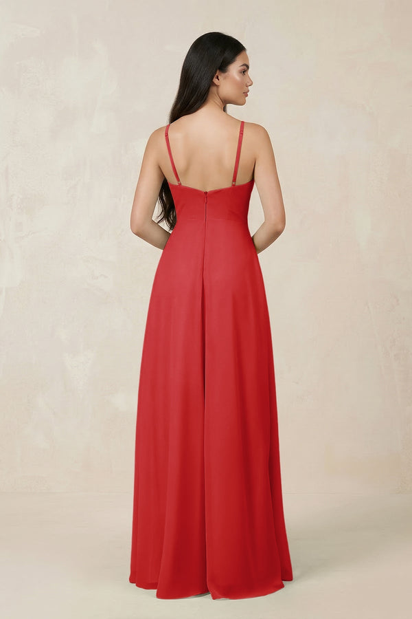 Halter Chiffon A - Line Bridesmaid Dress With Slit in Ruby Red - KissProm Bridesmaid Dresses