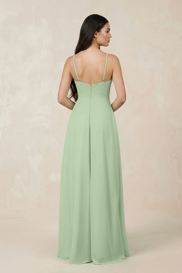 Halter Chiffon A - Line Bridesmaid Dress With Slit in Sage - KissProm Bridesmaid Dresses