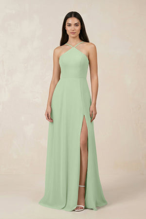 Halter Chiffon A - Line Bridesmaid Dress With Slit in Sage - KissProm Bridesmaid Dresses