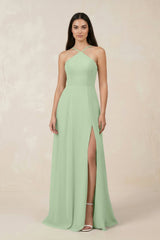 Halter Chiffon A - Line Bridesmaid Dress With Slit in Sage - KissProm Bridesmaid Dresses