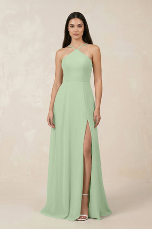 Halter Chiffon A - Line Bridesmaid Dress With Slit in Sage - KissProm Bridesmaid Dresses